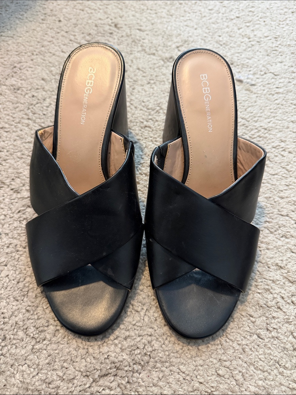 BCBGeneration Black Crisscross Leather Slide Mules